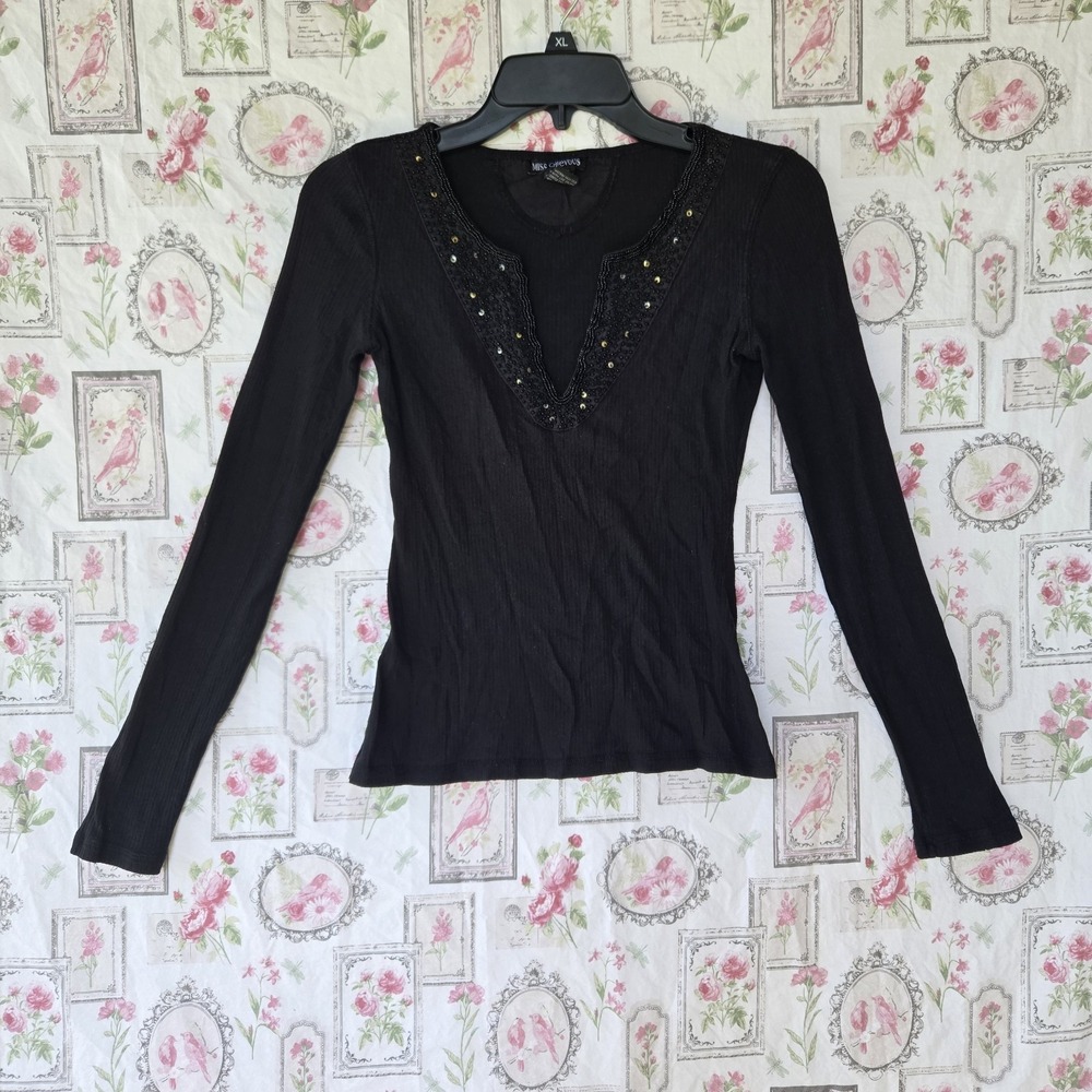 Miss Chievous Top Womens Medium Black Beaded Sequins V-Neck Ribbed Long Sleeve